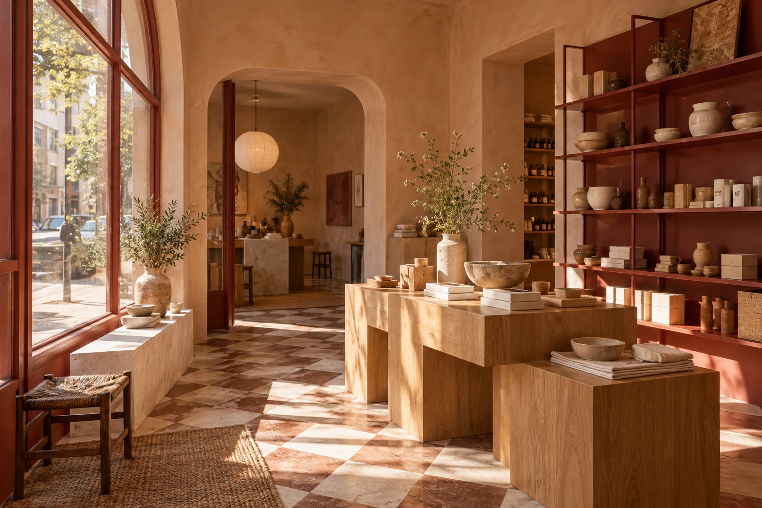 Illustrative concept of a warm independent store with oak displays and terracotta shelving